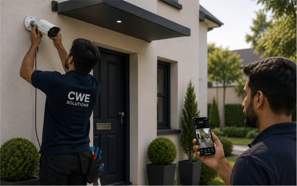 Clay illustration of a front door with CWE dome and bullet cameras wired to a recorder, with live camera feeds shown on a phone app