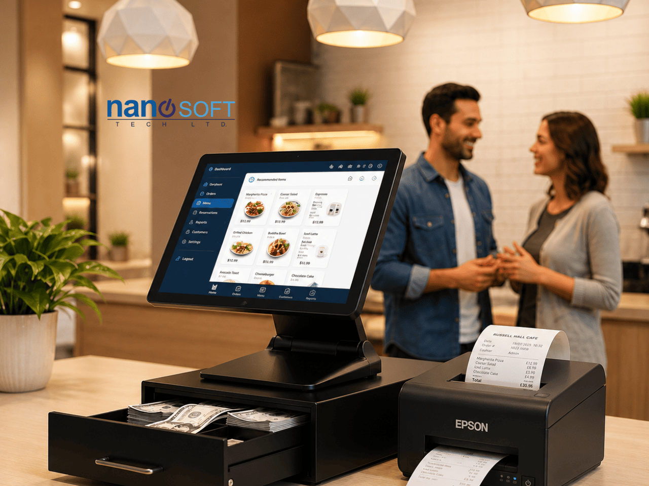 Clay illustration of NANOsoft EPOS tills at hospitality counters, linked to a CWE Solutions server
