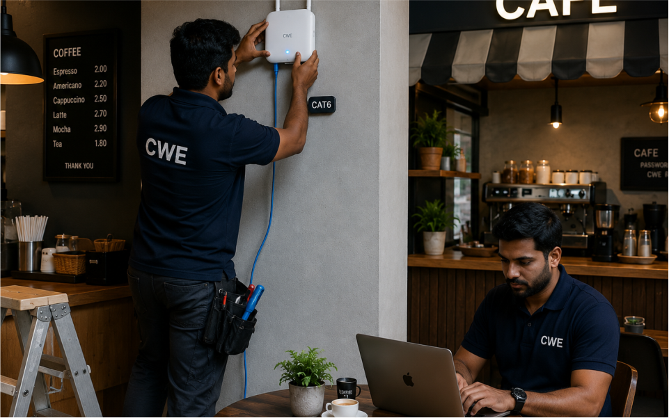 Clay illustration of a CWE router connecting a living room and a café with CAT6 cabling and wall-mounted WiFi access points