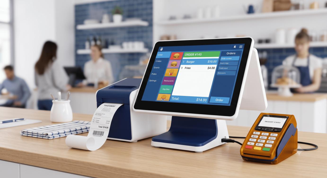 EPOS terminal with order screen and receipt printer
