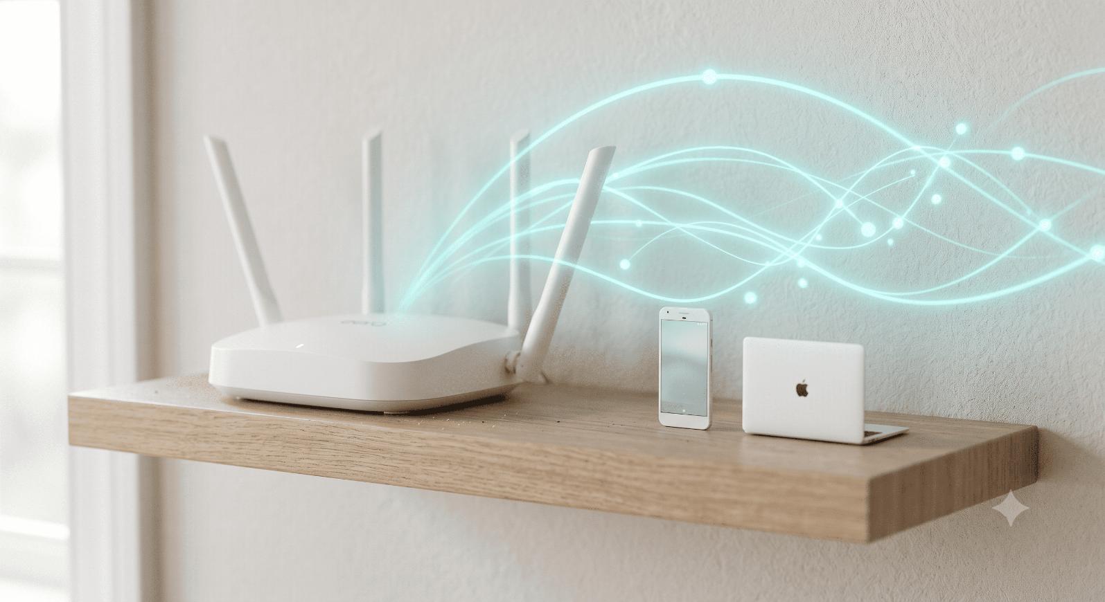 White clay router with turquoise signal waves and connected devices