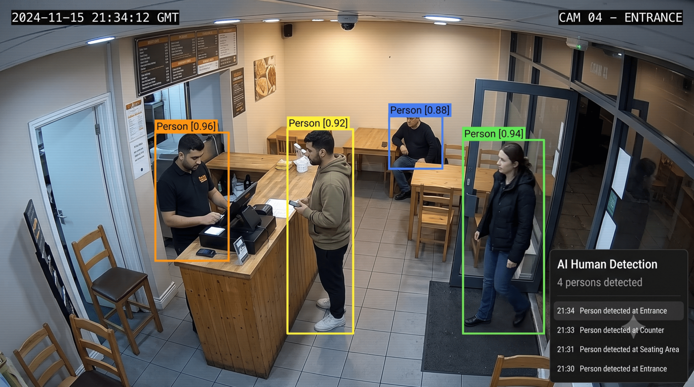 AI human detection identifying four people on a takeaway CCTV feed