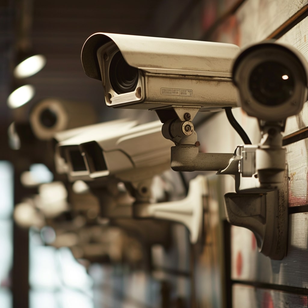 Early analogue CCTV cameras mounted on a wall
